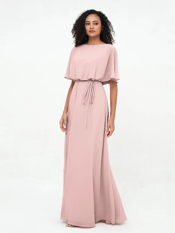 One Shoulder Dresses with Ruffled Sleeve for Ladies' Fashion StatementChiffon Full Length Bridesmaid Dresses with Wrap Dusty Rose