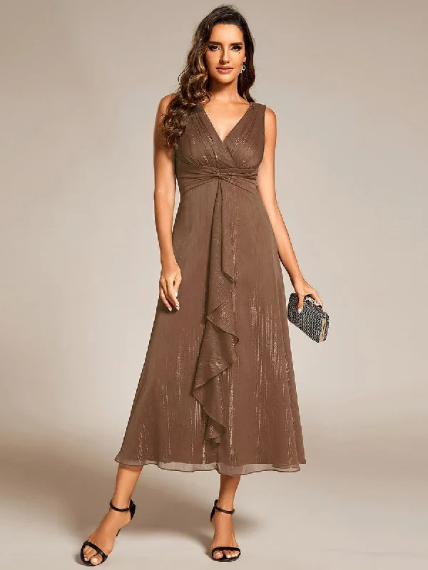"A - line dresses for women to flatter the figure"Custom Size Glitter Sleeveless A-Line Midi Wedding Guest Dress with Ruffled Hem