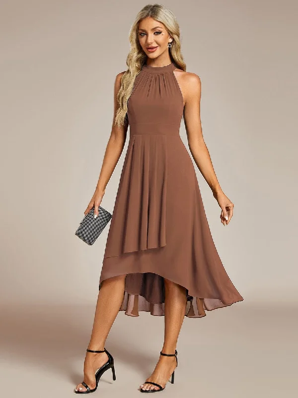 "Bohemian - style women's dresses for music festivals"Custom Size Midi Halter Neck Chiffon Wedding Guest Dress with Sleeveless and A-Line