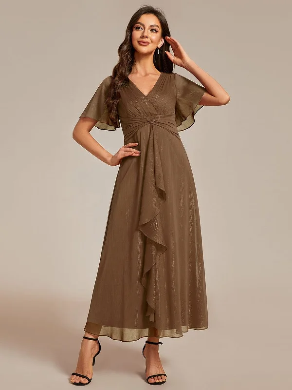 "VIP Sale: Extra 15% Off on Women's Dresses for Our Loyal Customers"Custom Size Silver Metallic Fabric V-Neck A-Line Wedding Guest Dress featuring Delicate Ruffled Hem