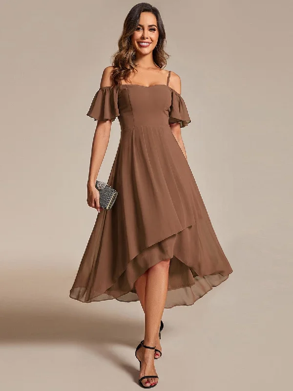 "Trendy casual dresses for women to wear at the beach"Custom Size Spaghetti Strap Cold Shoulder Chiffon A-Line Midi Wedding Guest Dress "Trendy casual dresses for women to wear at the beach"Custom Size Spaghetti Strap Cold Shoulder Chiffon A-Line Midi Wedding Guest Dress