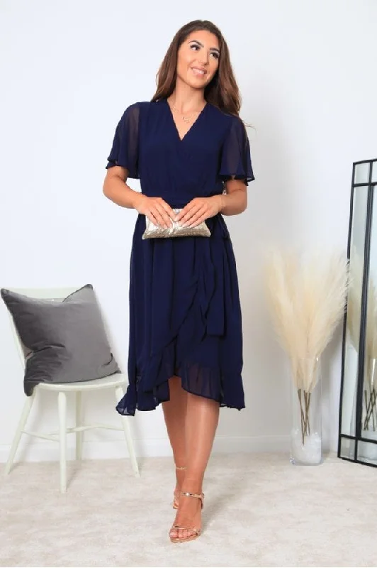Dresses with Sequined Stripes for Ladies' Bold and Fashionable LookDouble Second Navy Chiffon Wrap Dress With Tea Sleeve