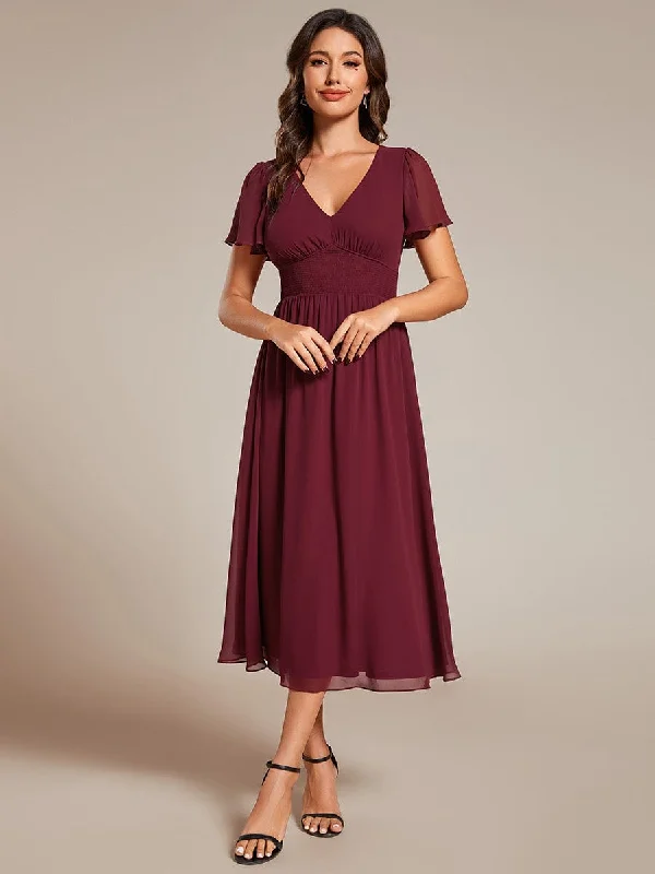 "Elegant wedding guest dresses for women under $100"Elegant V-Neck Ruffle Sleeves Empire Waist Wedding Guest Dress in Chiffon "Elegant wedding guest dresses for women under $100"Elegant V-Neck Ruffle Sleeves Empire Waist Wedding Guest Dress in Chiffon