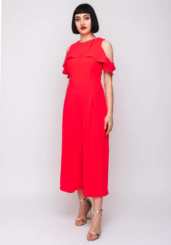 Clearance Sale: Women's Dresses Ella Boo Cold Shoulder Culotte Jumpsuit, Red