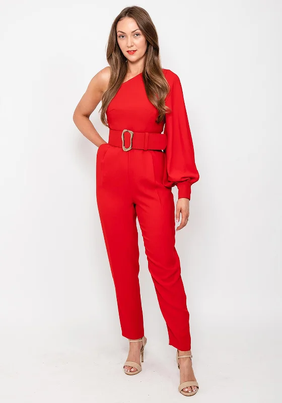 "Pleated dresses for women with a graceful movement"Exquise One Shoulder Belted Jumpsuit, Red "Pleated dresses for women with a graceful movement"Exquise One Shoulder Belted Jumpsuit, Red