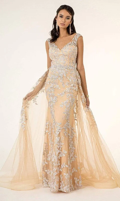 "Elegant wedding guest dresses for women under $100"GLS by Gloria - GL1920 Beaded Simple Prom Gown with Sheer Overskirt