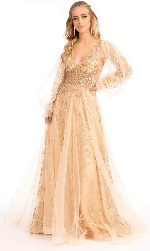 "Wrap dresses for women for an adjustable fit"GLS by Gloria GL3001 - Long Puffed Sleeves Deep V-neck Evening Gown