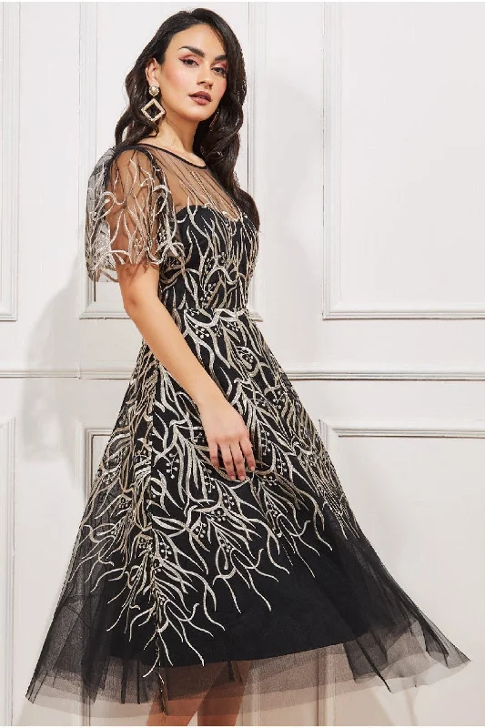 "Ruffled dresses for women for added femininity"Goddiva Embroidered Mesh Midi Dress - Black "Ruffled dresses for women for added femininity"Goddiva Embroidered Mesh Midi Dress - Black