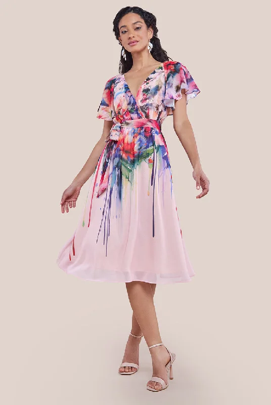 "Denim dresses for women for a casual and cool style"Goddiva Flutter Sleeve Floral Bodice Midi Dress - Blush "Denim dresses for women for a casual and cool style"Goddiva Flutter Sleeve Floral Bodice Midi Dress - Blush