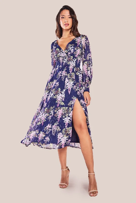 "VIP Sale: Extra 15% Off on Women's Dresses for Our Loyal Customers"Goddiva Printed Lurex Chiffon Long Sleeve Midi Dress - Navy "VIP Sale: Extra 15% Off on Women's Dresses for Our Loyal Customers"Goddiva Printed Lurex Chiffon Long Sleeve Midi Dress - Navy