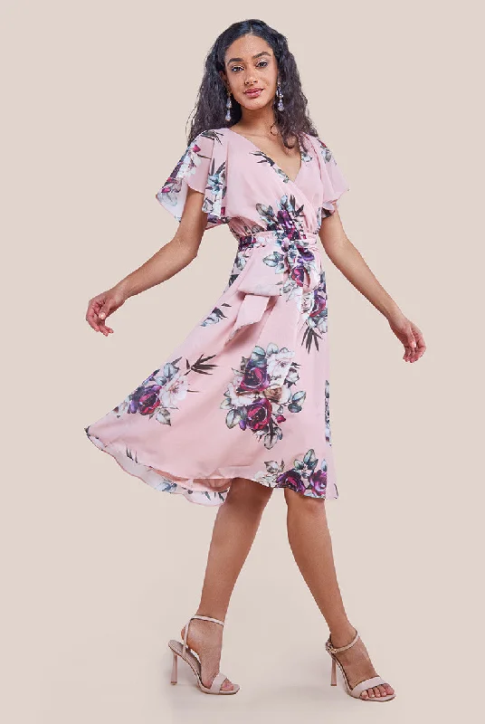 "Satin dresses for women for a luxurious appearance"Goddiva Sustainable Floral Print Midi Wrap Dress With Butterfly Sleeves - Peach "Satin dresses for women for a luxurious appearance"Goddiva Sustainable Floral Print Midi Wrap Dress With Butterfly Sleeves - Peach