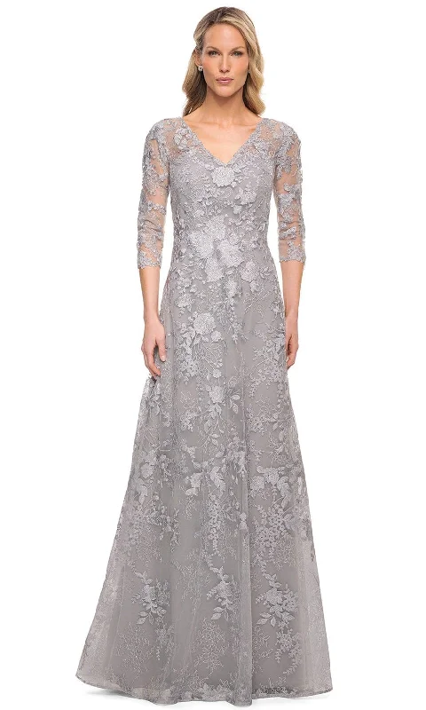 "Sequined dresses for women to shine at parties"La Femme 29989 - Embroidered Sheer Lace Mother of the Groom V-Neck Gown