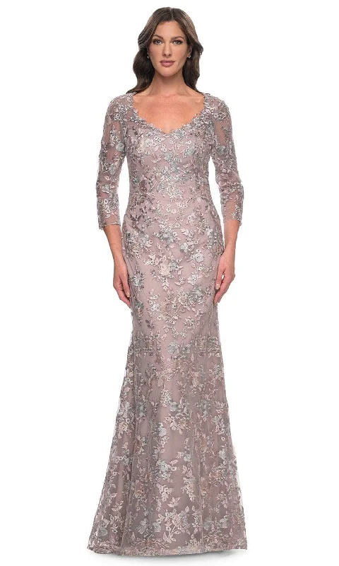 "Exclusive Discount: 30% Off All Women's Dresses for a Limited Period"La Femme 30081 - Floral Embroidered Quarter Sleeve Prom Dress