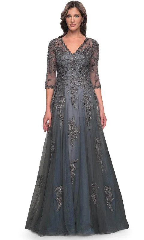 "Long sleeve dresses for women in cold weather"La Femme 30201 - V-Neck Embroidered Long Dress