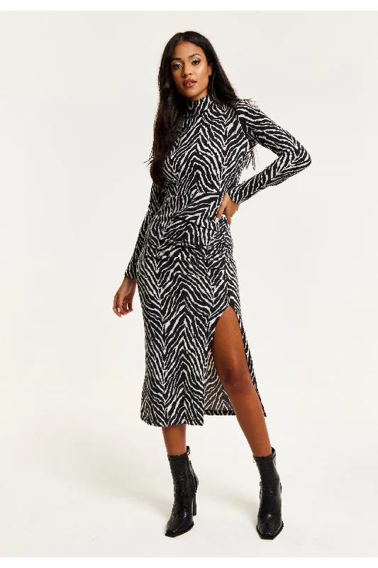 "Flash Sale: Grab Your Favorite Women's Dresses at Unbeatable Prices!"Liquorish Brushed Knit Mono Zebra Print Midi Dress With Front Slit "Flash Sale: Grab Your Favorite Women's Dresses at Unbeatable Prices!"Liquorish Brushed Knit Mono Zebra Print Midi Dress With Front Slit