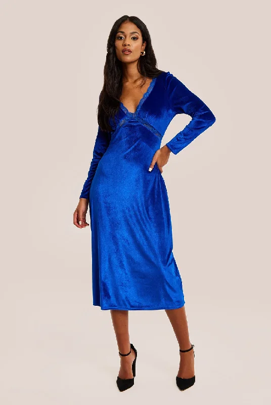 "Elegant wedding guest dresses for women under $100"Liquorish Royal Blue Velvet Midi Dress With Lace Details "Elegant wedding guest dresses for women under $100"Liquorish Royal Blue Velvet Midi Dress With Lace Details