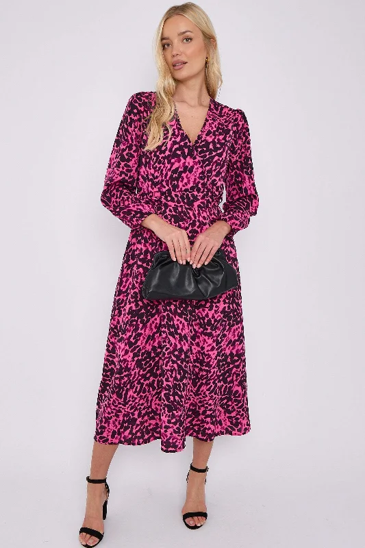 Clearance Sale: Women's Dresses LOVE SUNSHINE Fuchsia Leopard Printed V Neck Midi Dress Clearance Sale: Women's Dresses LOVE SUNSHINE Fuchsia Leopard Printed V Neck Midi Dress