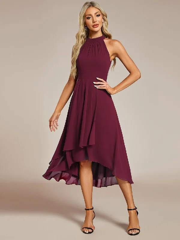 "Stylish cocktail dresses for women on a budget"Midi Halter Neck Chiffon Wedding Guest Dress with Sleeveless and A-Line "Stylish cocktail dresses for women on a budget"Midi Halter Neck Chiffon Wedding Guest Dress with Sleeveless and A-Line