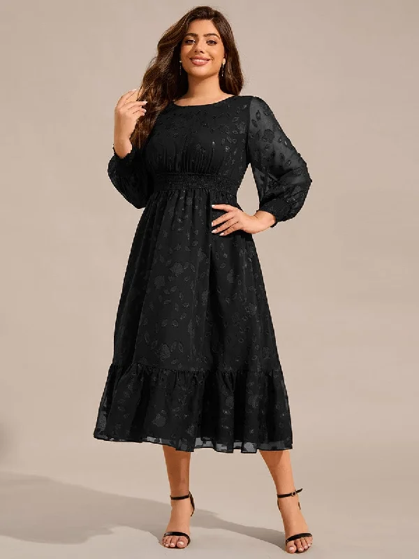 "Sleeveless dresses for women during hot summer days"Plus Size Long Sleeve Round Neckline Midi Chiffon Wedding Guest Dress