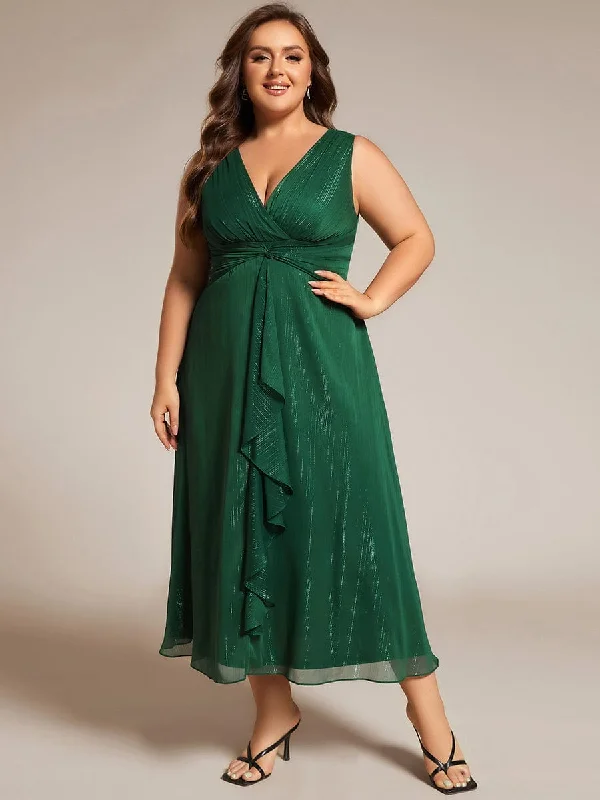 "Off - shoulder dresses for women to show off collarbones"Plus Size Sleeveless Glittery Ruffled V-Neck Midi Wedding Guest Dress "Off - shoulder dresses for women to show off collarbones"Plus Size Sleeveless Glittery Ruffled V-Neck Midi Wedding Guest Dress
