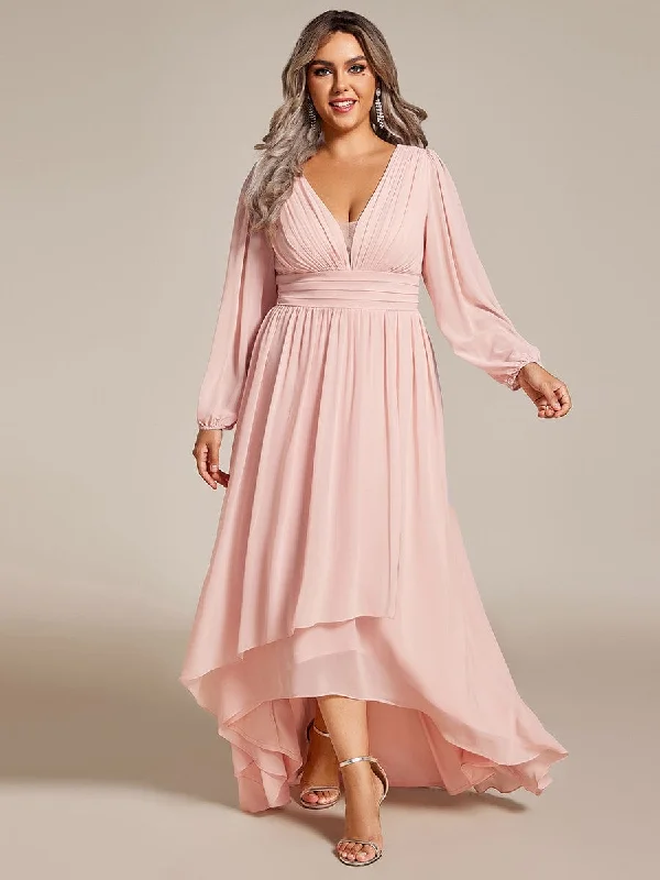 "Sustainable and eco - friendly women's dresses"Plus Size V-Neck Long Lantern Sleeves A-Line Chiffon Bridesmaid Dress "Sustainable and eco - friendly women's dresses"Plus Size V-Neck Long Lantern Sleeves A-Line Chiffon Bridesmaid Dress