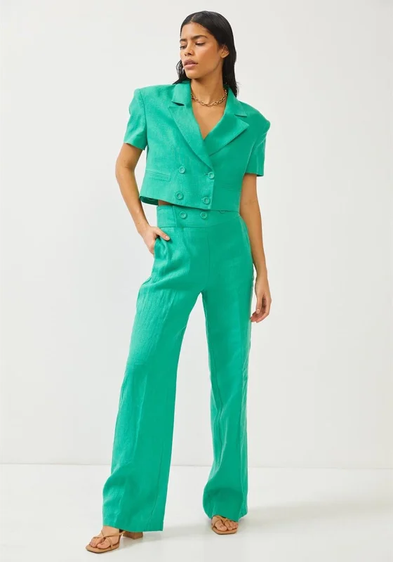 "Off - shoulder dresses for women to show off collarbones"Setre Cropped Jacket Two Piece Linen Suit, Green "Off - shoulder dresses for women to show off collarbones"Setre Cropped Jacket Two Piece Linen Suit, Green