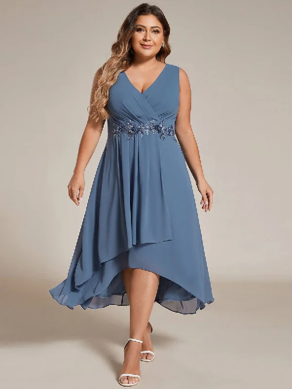 "Striped dresses for women with a classic touch"Sleeveless V-Neck High Low Plus Size Wedding Guest Dress with Floral Applique "Striped dresses for women with a classic touch"Sleeveless V-Neck High Low Plus Size Wedding Guest Dress with Floral Applique