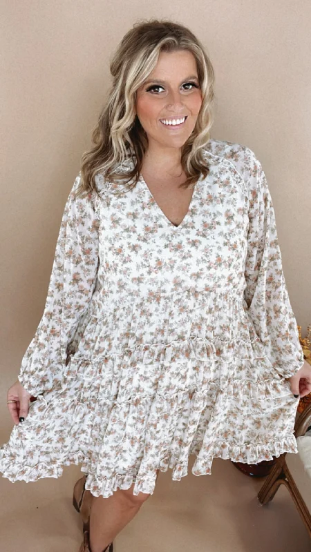 Dresses with Sequined Star Motifs for Ladies' Celestial and Elegant LookFloral Fling Long Sleeve Mini Dress, Cream
