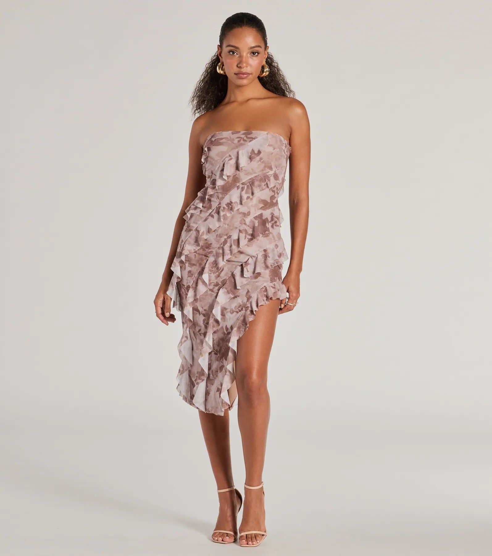 Dresses with Sheer Panels and Beaded Trim and Embroidered Paisley Patterns for Ladies' Sultry and Exotic LookStunning Impression Floral Ruffled Midi Dress