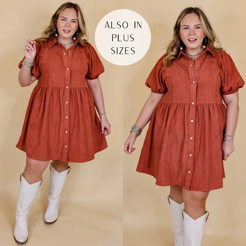 brown mini dressesAdventures Ahead Button Up Corduroy Babydoll Dress in Terracotta