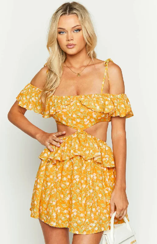 plaid mini dressesAlyssa Orange Floral Ruffle Mini Dress