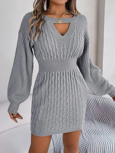 white mini dressesCable-Knit Cutout Round Neck Slit Long Sleeve Sweater Dress