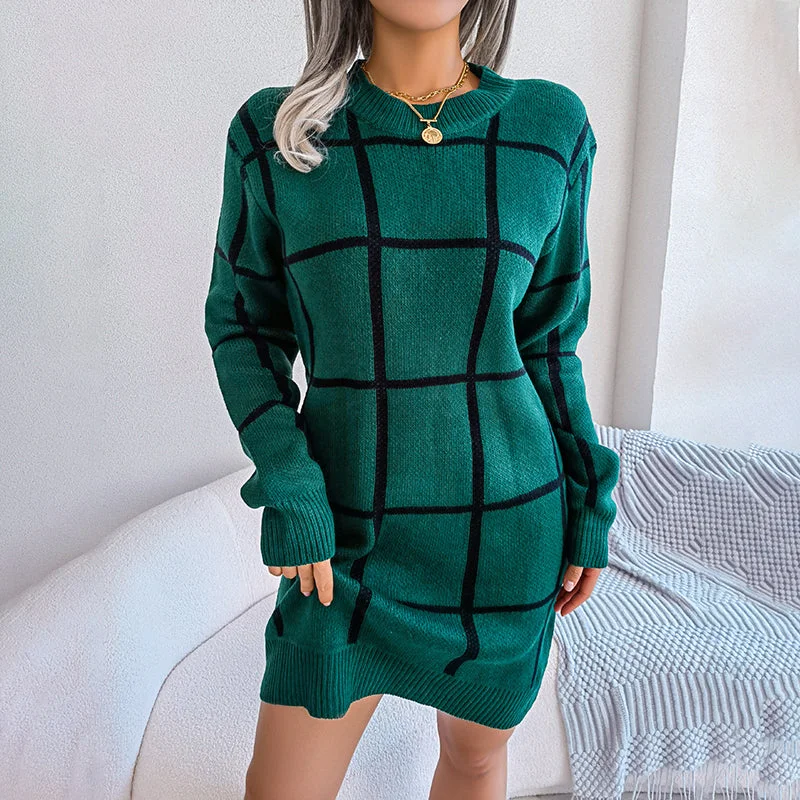 clubbing mini dressesCasual Plaid Knit Dress