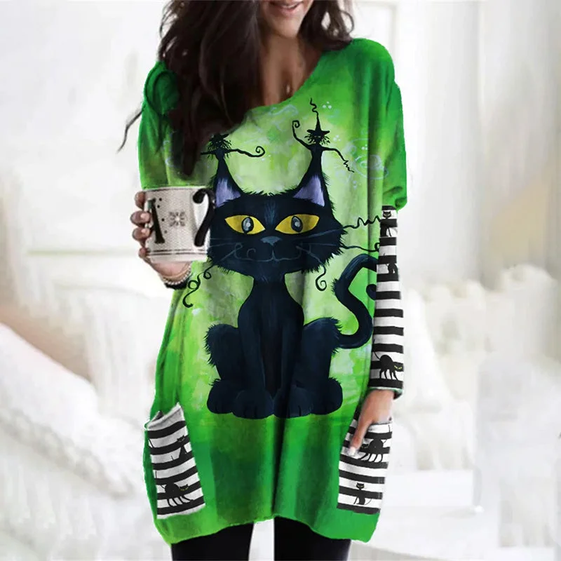 kawaii mini dressesCat Print Halloween Shirt Dress