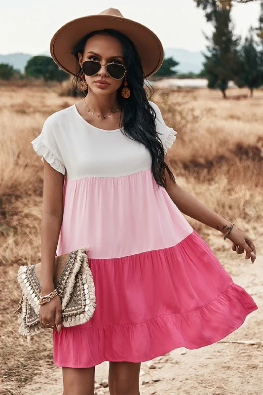 orange mini dressesColor Block Round Neck Tiered Dress