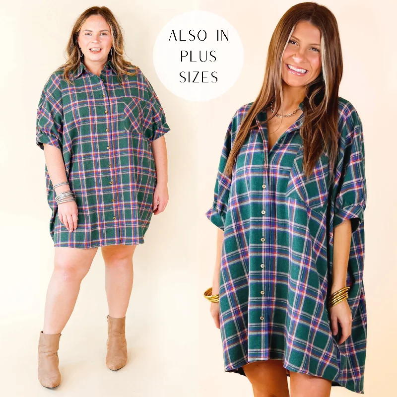 orange mini dressesCozy And Kind Button Up Plaid Dress in Green