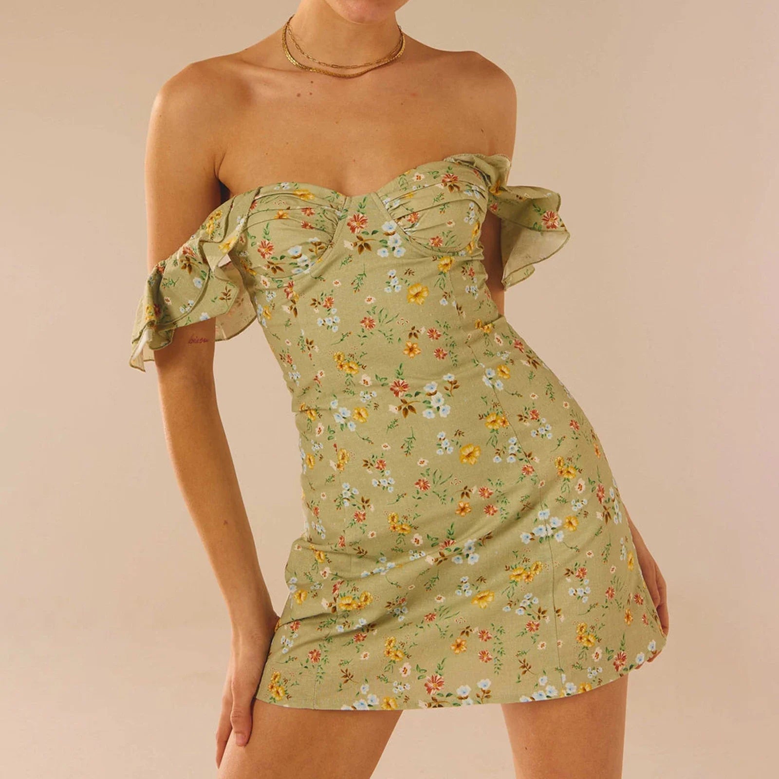 green mini dressesWomen's Off Shoulder Sleeveless Floral Print Ruffle Trim Slim Fit Mini Dress
