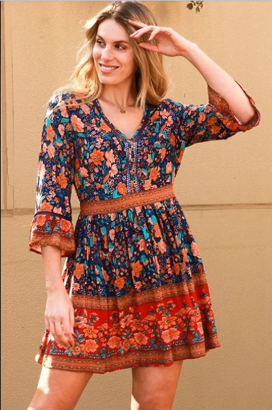 abstract print mini dressesDeshon Printed Button Down Tassel Dress - Orange