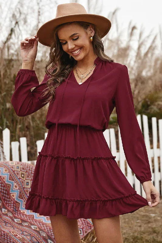 purple mini dressesDillon Ruffle Trim Dress - Burgundy