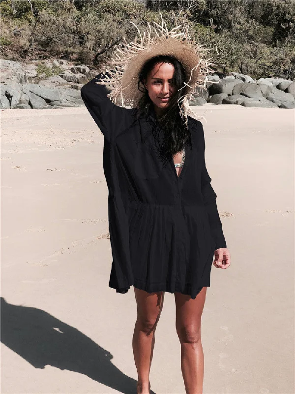 see through mini dressesDodie Cotton Pocketed Puff Sleeve Babydoll Dress - Black
