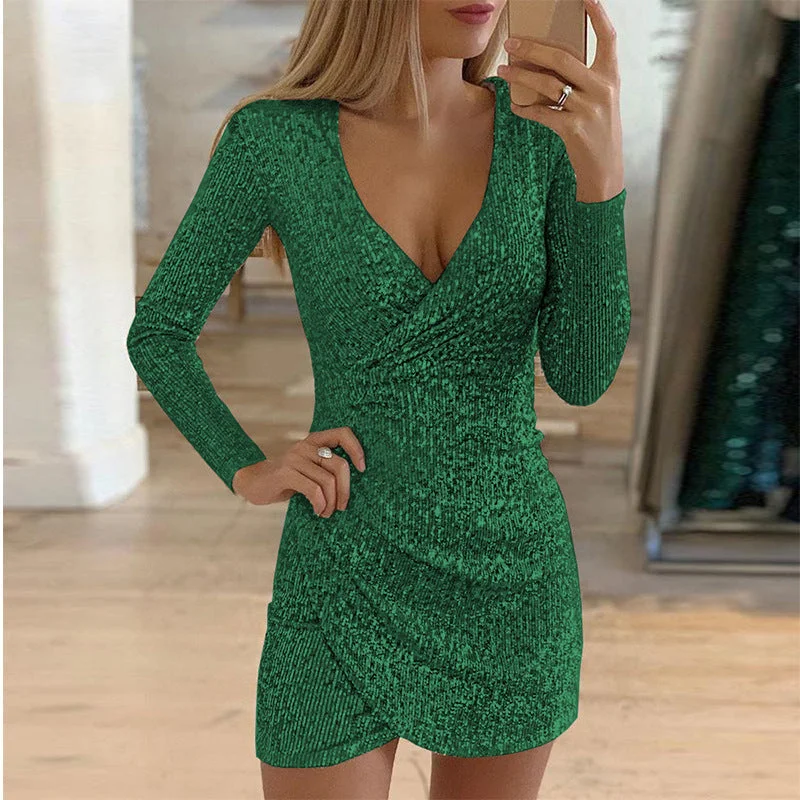 polyester mini dressesEntertainment Sequin Wrap Dress - Green - FINAL SALE