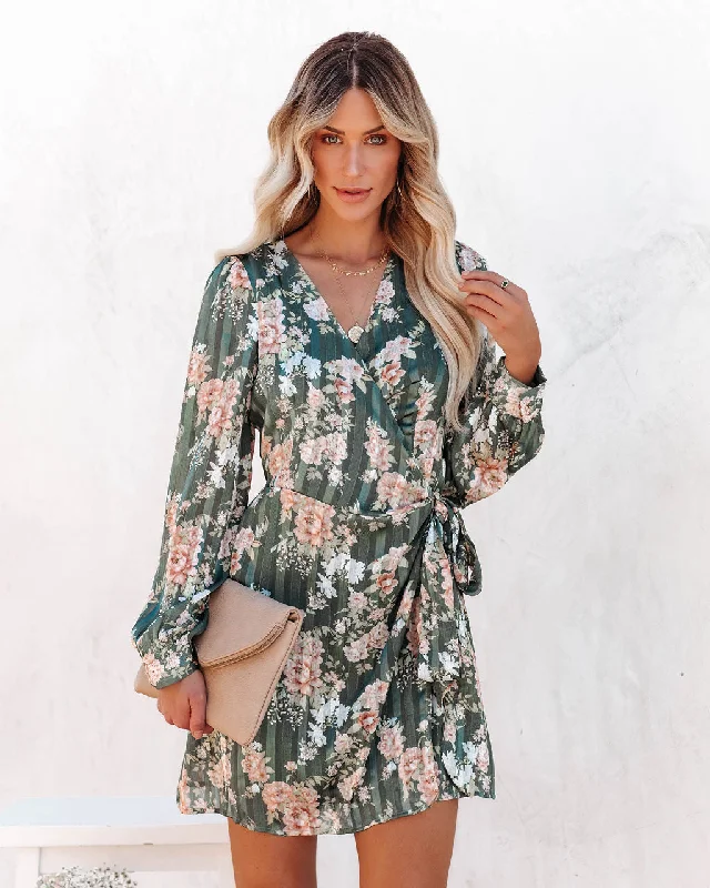 office appropriate mini dressesEzabella Floral Shimmer Wrap Dress - Green