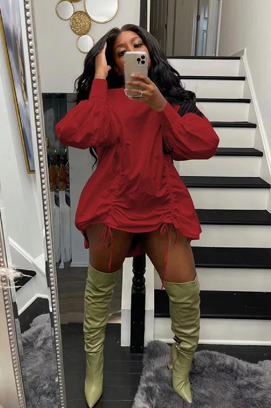 solid color mini dressesHigh Collar Shirring Shirt Dress