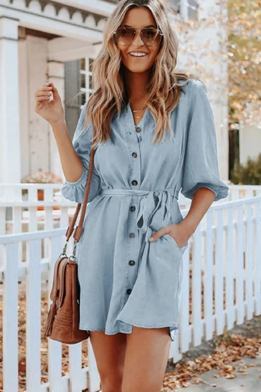 white mini dressesHugo Tencel Pocketed Chambray Shirt Dress