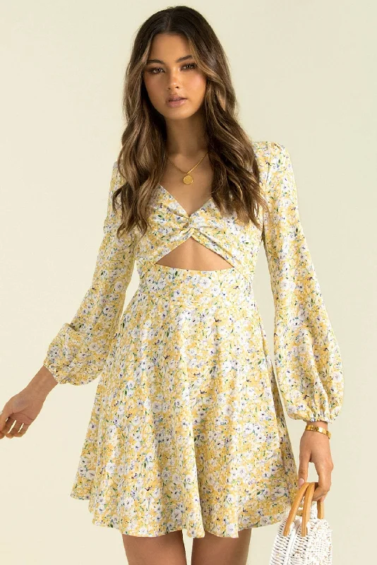 retro 90s mini dressesInner Sunset Floral Smocked Cutout Dress - Sage