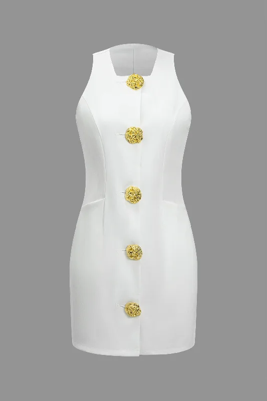 casual cotton mini dressesSolid Button Sleeveless Mini Dress