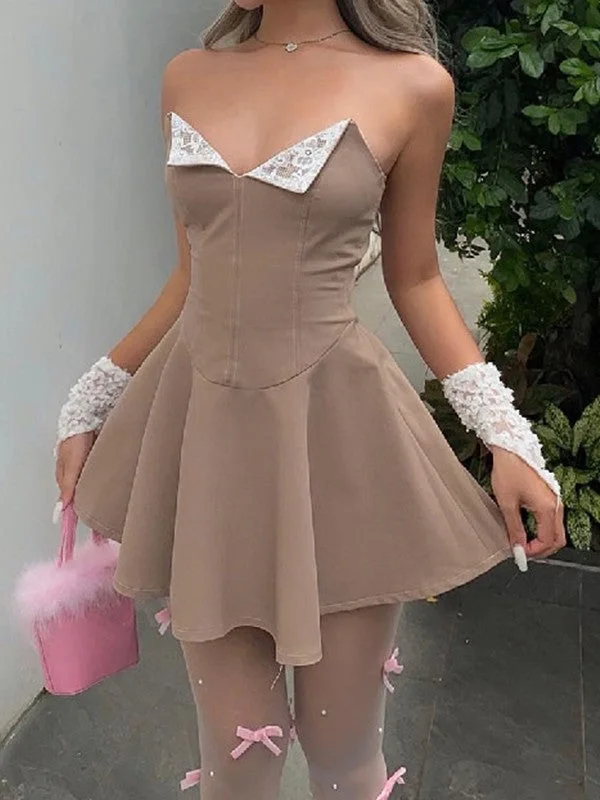 asymmetrical mini dressesLace Paneled Strapless Corset Mini Dress