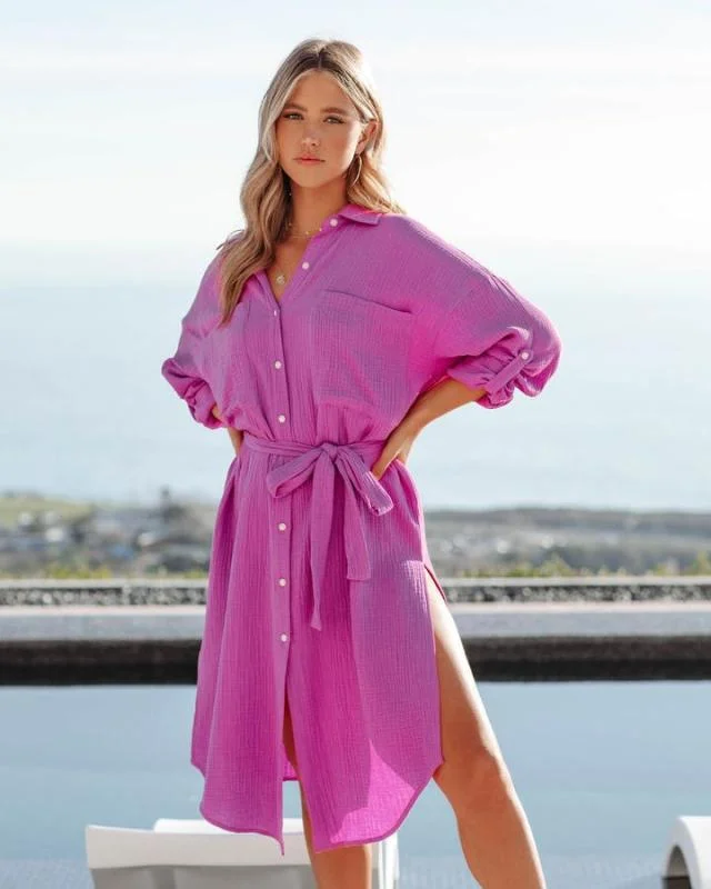 sporty mini dressesOffice Chic Button Down Shirt Dress - Magenta