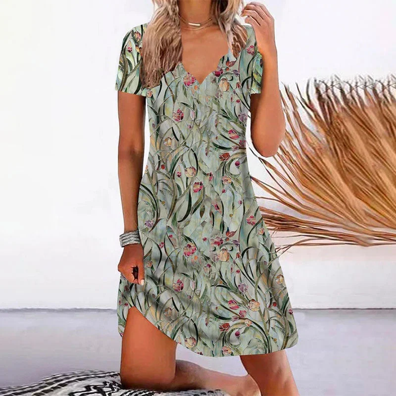 retro 80s mini dressesRomantic Floral Print V-Neck Dress