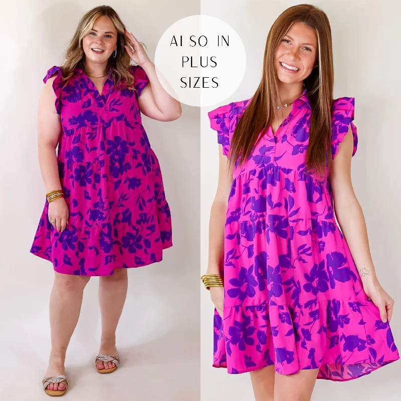 toddler mini dressesLast Chance Size Small & Large | All Of A Sudden Ruffle Cap Sleeve Floral Short Dress in Magenta Mix